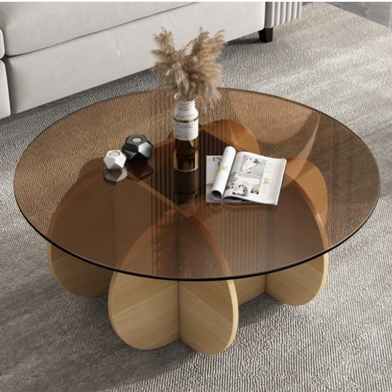 Contemporary Creative Tempered Glass Wood Round Curved Coffee Table 1-Tier For Living Room