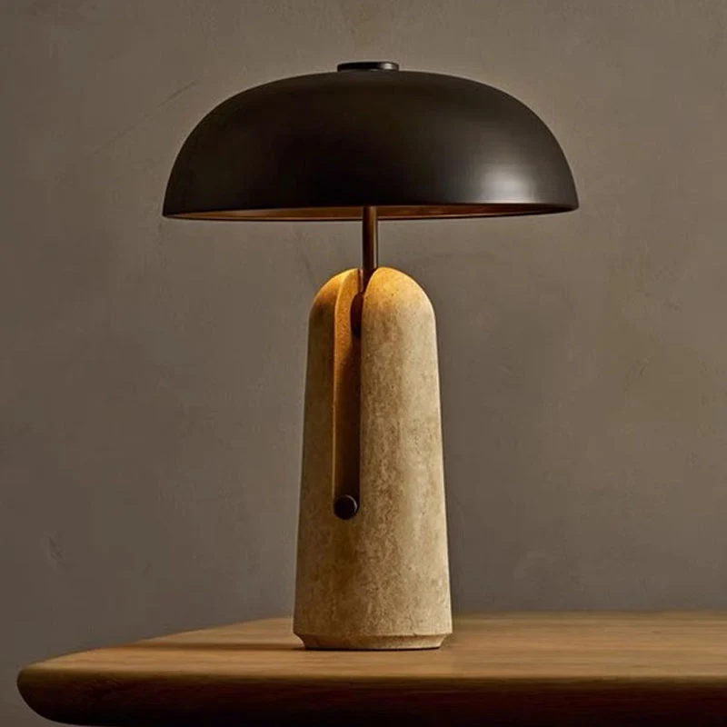 Traditional Japanese Iron Travertine Marble Mushroom 1-Light Table Lamp For Bedroom