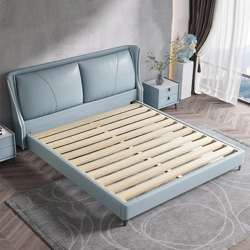 Modern Genuine Leather Panel Bed Pine Wood Bed with Upholstered Headboard