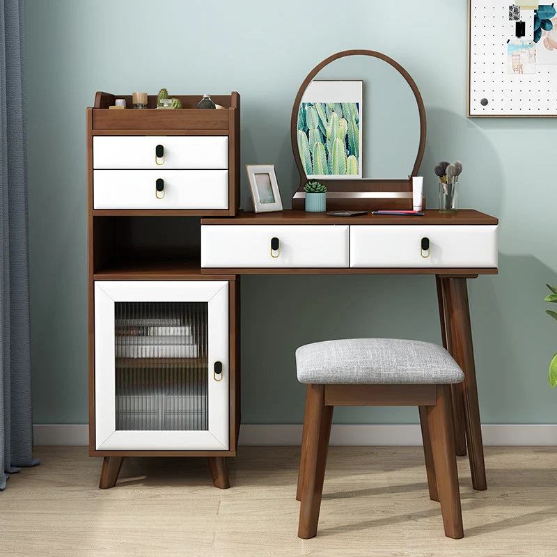 Wood Vanity Set with Stool and Mirror Scandinavian 4 Drawers Dresser