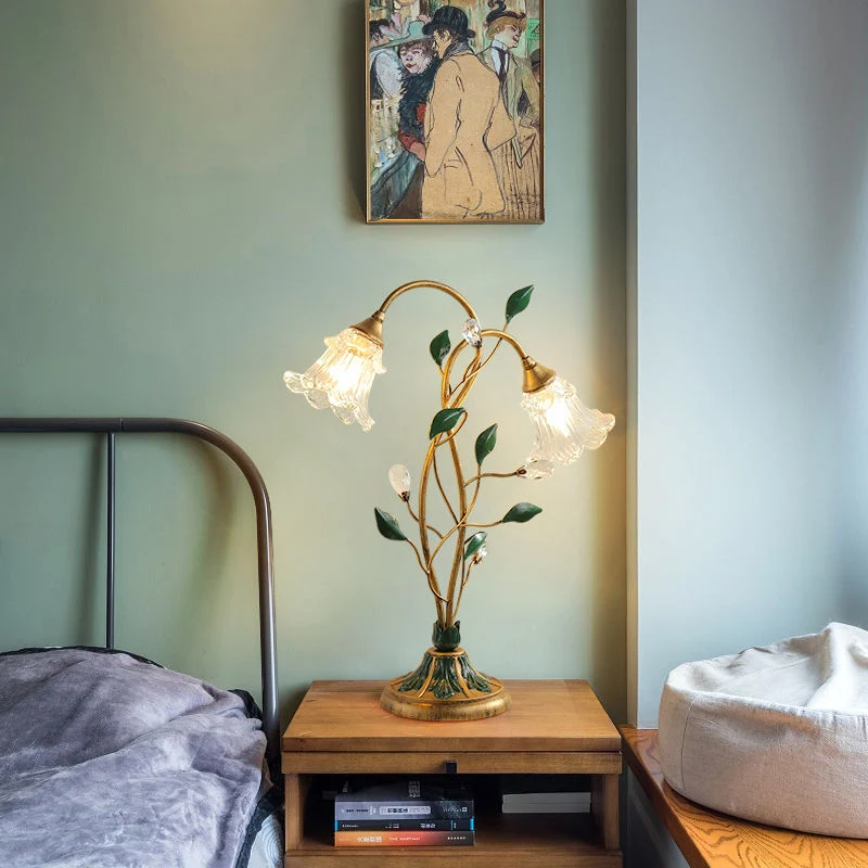 Traditional Vintage Double-Headed Flower Vine Iron Crystal Glass 2-Light Table Lamp For Bedroom