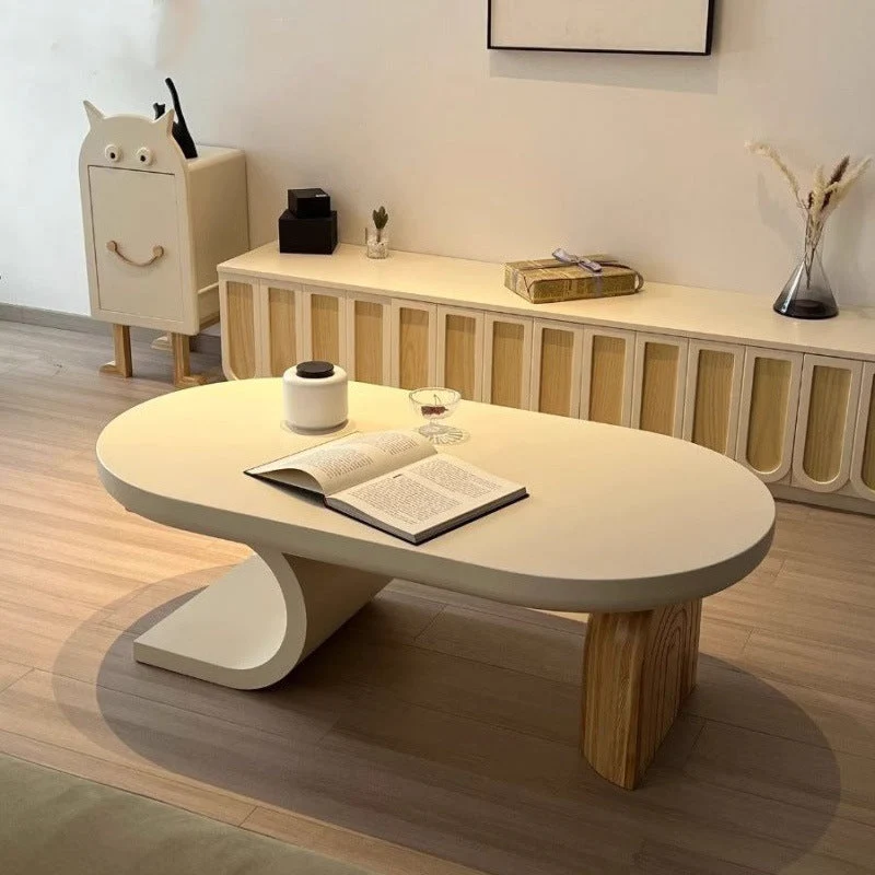 Traditional Japanese Pine Wood Plywood Oval Curved Coffee Table 1-Tier For Living Room