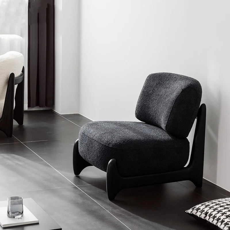 Contemporary Scandinavian Sherpa Fabric Velvet Solid Wood Curved Square Accent Chair With Backrest For Living Room