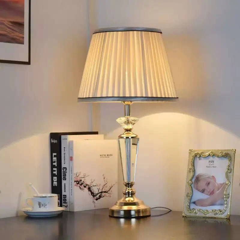 Traditional French Conical Hardware Crystal Fabric 1-Light Table Lamp For Bedroom