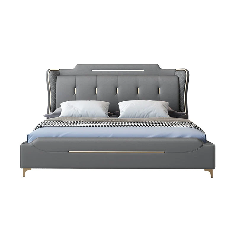 Faux Leather Glam Panel Bed with Wooden Upholstered Headboard