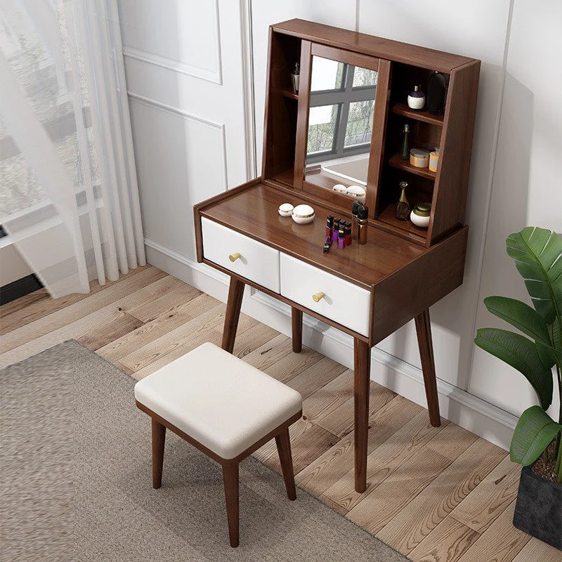 Nordic Wood Vanity Table Set 2 Drawers Mirrored Makeup Dressing Table