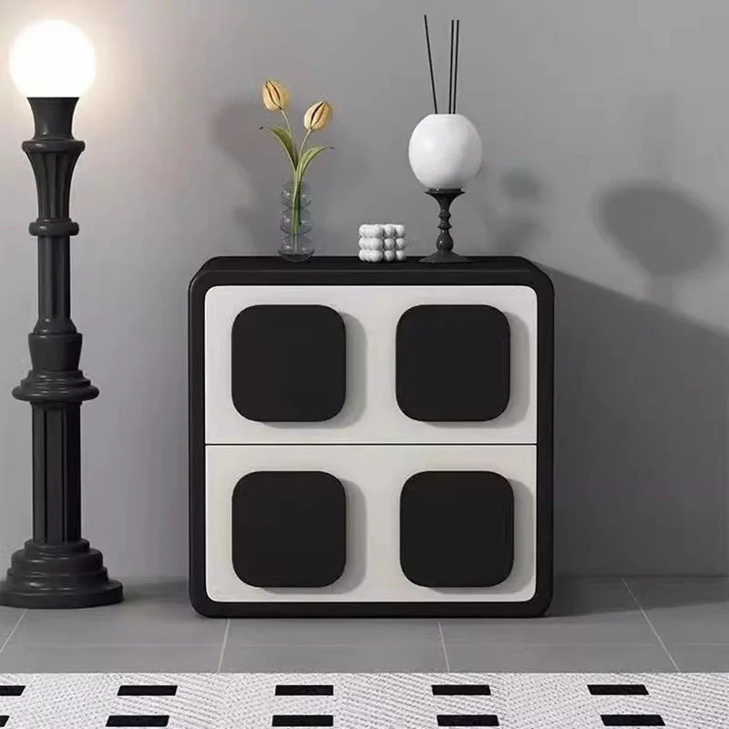 Modern Minimalist Square Plywood Solid Wood Faux Leather Metal Nightstand 2-Drawer For Bedroom
