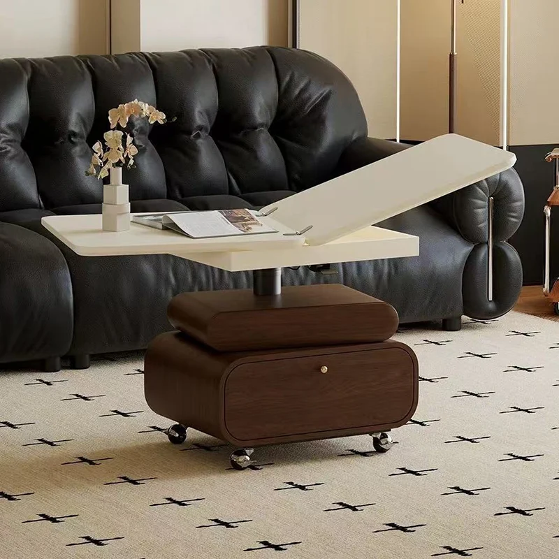 Traditional Vintage Foldable Rectangular Plywood Metal Movable Rotatable Coffee Table 2-Drawer For Bedroom