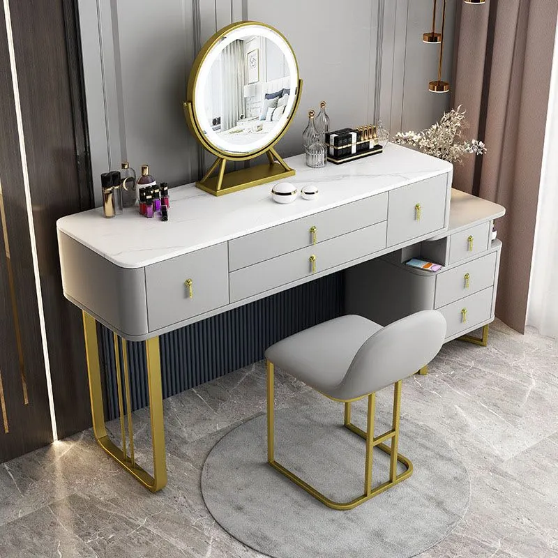 Pine Wood 7 Drawers Dresser with Stone Top Make-up Vanity for Bedroon