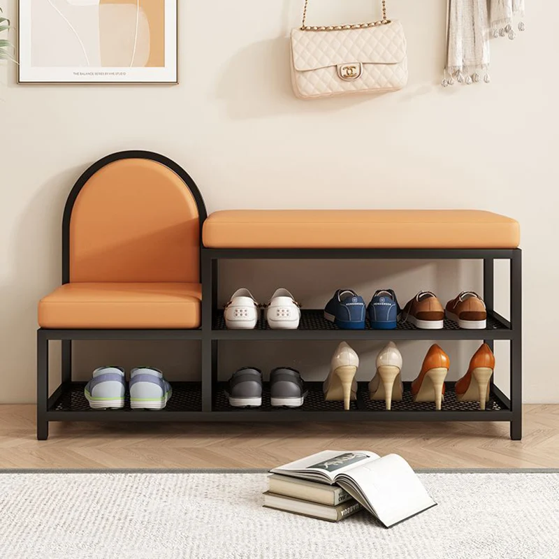 Modern Minimalist Rectangular Iron Faux Leather Sponge Bench 2-Tier For Entryways