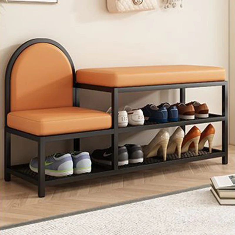 Modern Minimalist Rectangular Iron Faux Leather Sponge Bench 2-Tier For Entryways