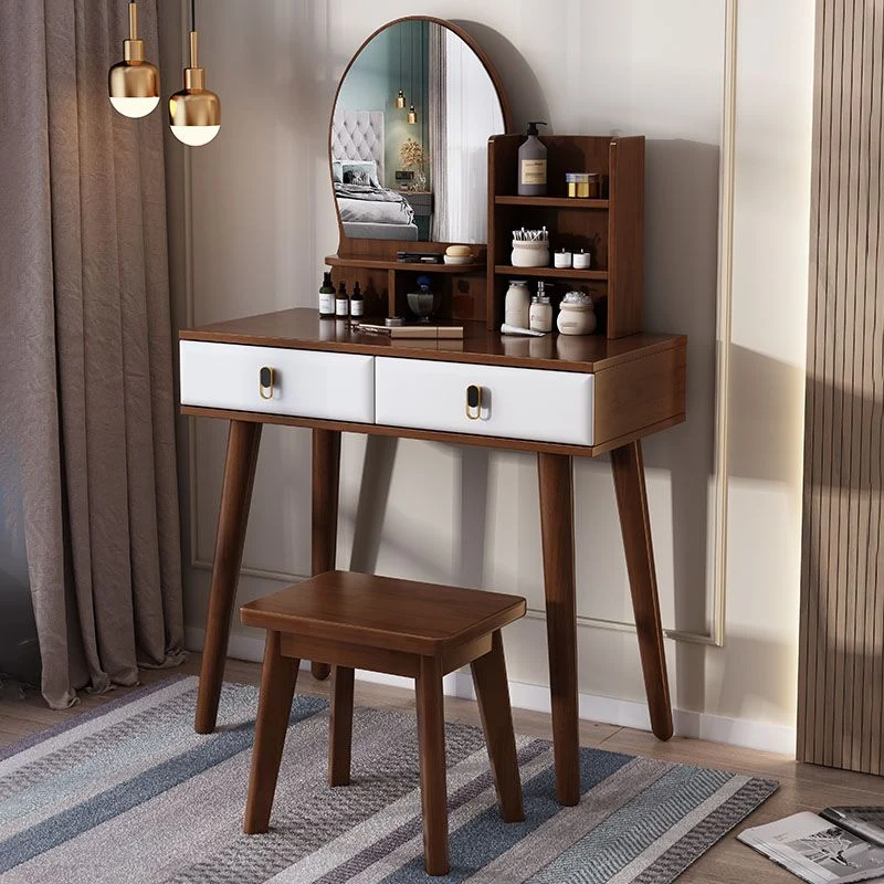 Mirror Table Dressing Table Solid Wood Make-up Vanity with 2-Drawers