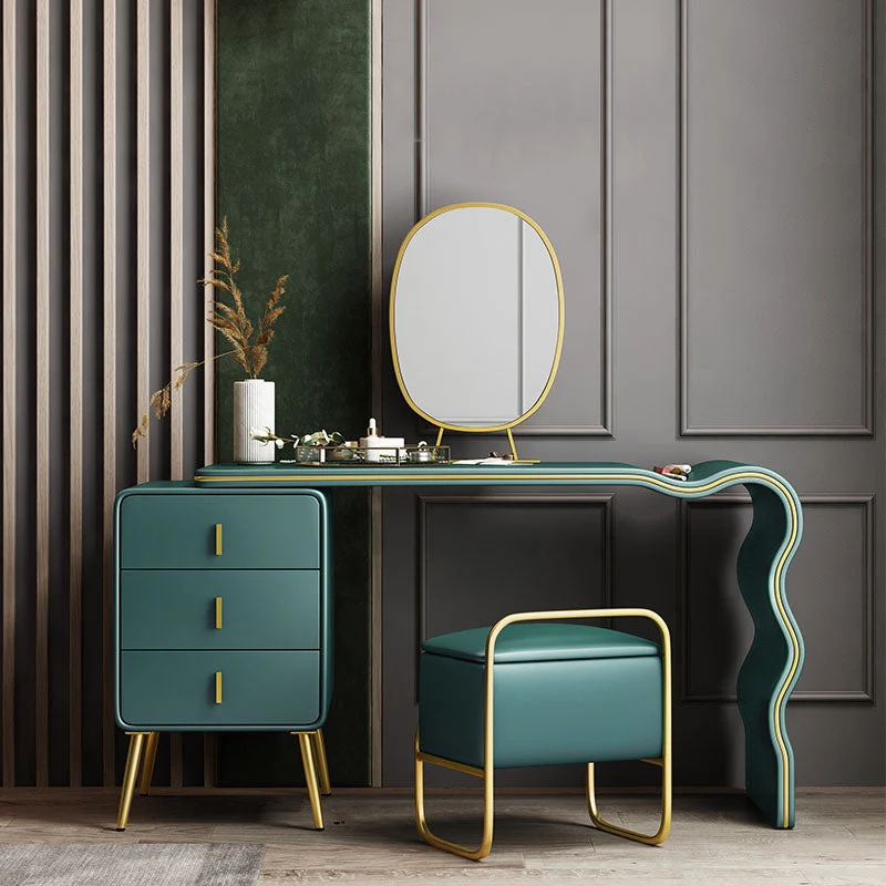 Green Make-up Vanity with 3 Storage Drawers 18.89" Wide Genuine Leather Dresser