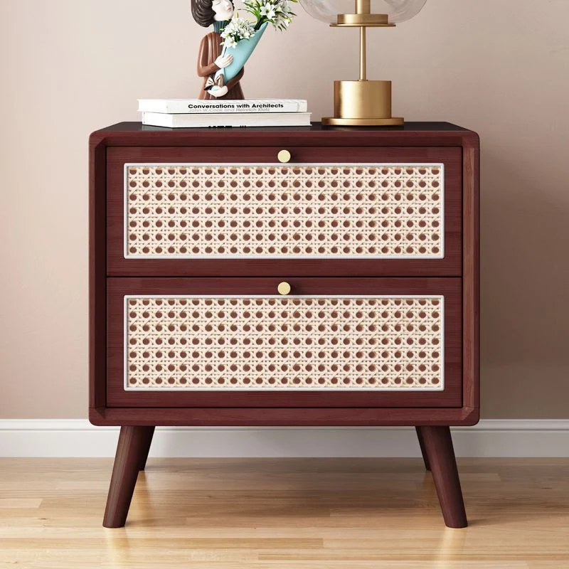 Traditional Rustic Rectangular Rubberwood Pine Wood Plywood Metal Rattan Weaving Nightstand 2-Drawer For Bedroom