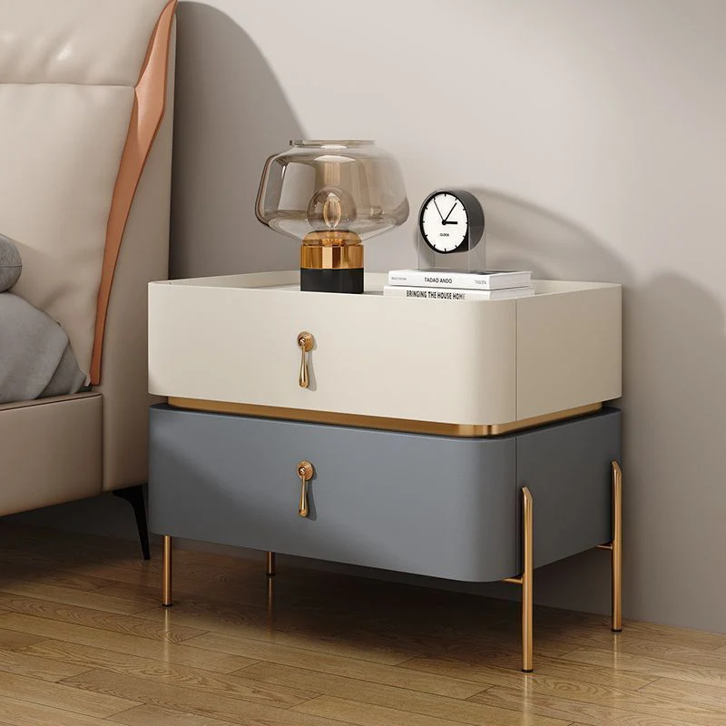 Contemporary Luxury Cuboid MDF PU Leather Rock Board Carbon Steel Metal Nightstand 2-Drawer For Bedroom