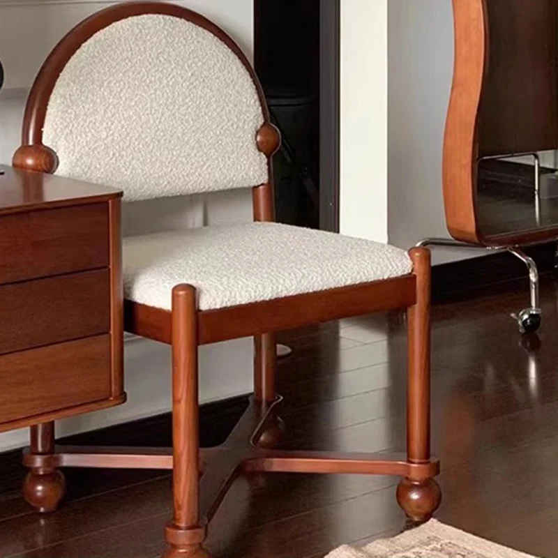 Traditional Vintage Sherpa Fabric Solid Wood & Plywood Half-Round Square Dining Chair With Backrest For Dining Room