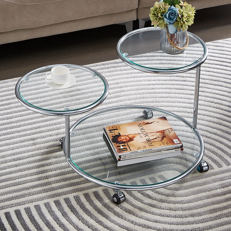 Modern Mid-Century Ribbed Glass Iron Round Top Rotating Coffee Table 2-Tier Nesting Table With Casters For Living Room