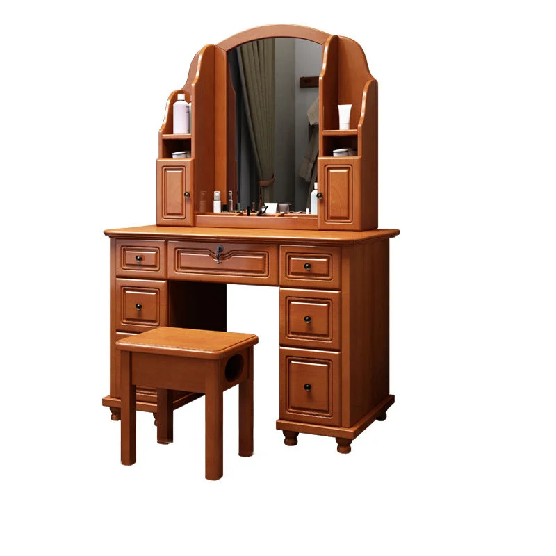 Traditional Solid Wood Makeup Dressing Table 60.23" H Vanity Set with Stool and Mirror
