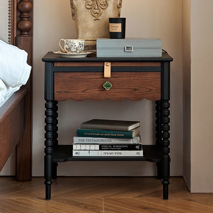 Traditional Vintage Rubberwood Wavy Square Cylinder Nightstand 2-Tier For Bedroom