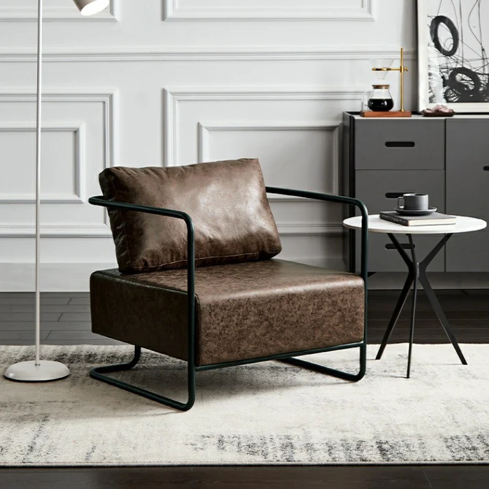 Contemporary Industrial Rectangular Carbon Steel Faux Leather Synthetic Fabric Single Person Accent Chair Backrest Armrest For Living Room