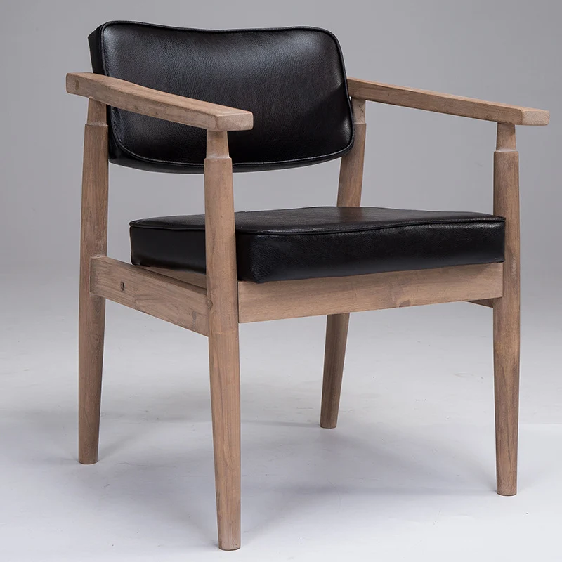 Traditional Vintage PU Leather Solid Wood Rectangular Dining Chair With Armrests Backrest For Dining Room