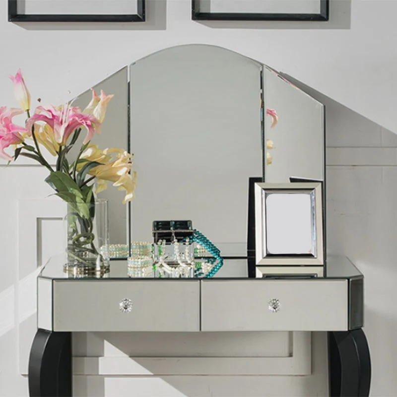 Tri-Folding Mirror Vanity Table Set 31.5" Wide 2-drawer Mirrored Vanity Desk