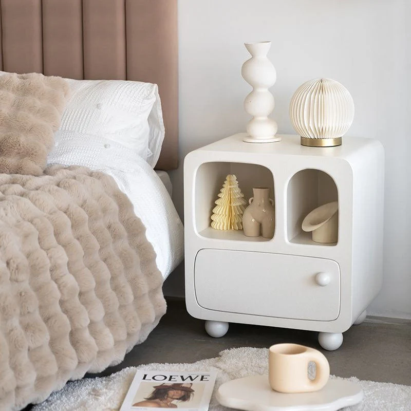Modern Minimalist MDF Rounded Square Nightstand With 1-Drawer For Bedroom