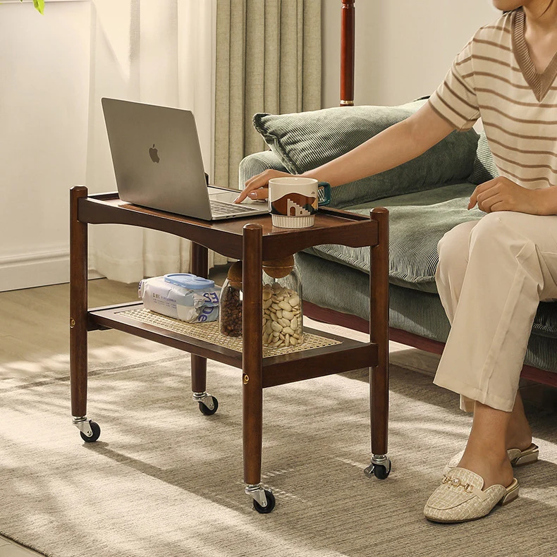 Traditional Japanese Rubberwood Rectangular Top Rattan Side Table 2-Tier Storage Shelves With Casters For Living Room