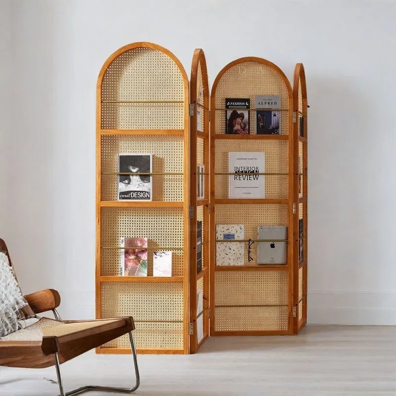 Contemporary Retro PVC Rattan Pine Wood Finish Movable Corner Shelf Unit Foldable 2/3/4-Panel Room Divider Storage Shelves For Living Room