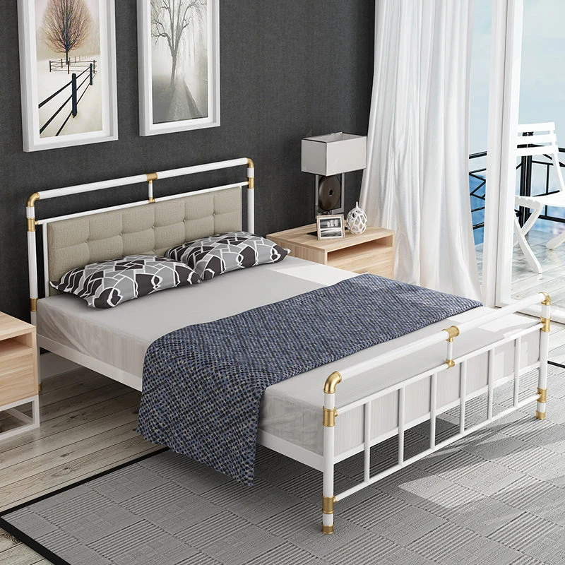 Industrial Metal Standard Bed, Open-Frame Rectangular Headboard Bed