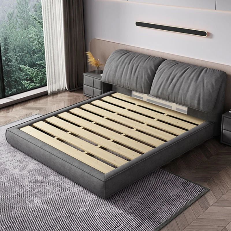 Modern Style Upholstered Headboard Grey Imitation Leather Bed