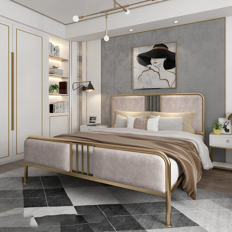 Iron Frame Bed with Panel Headboard and Iron Legs Solid Color Bed