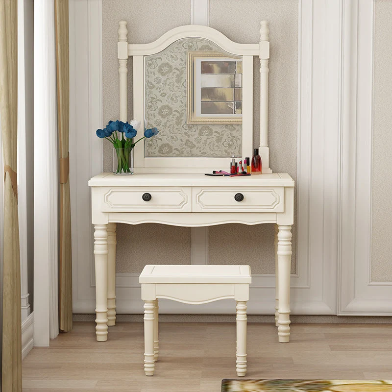 2-Drawer Solid Wood Mirrored Wood Makeup Dressing Table Stool