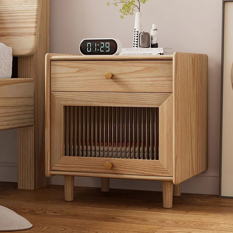 Traditional Japanese Ash Wood Plywood Glass Brass Textured Square Nightstand 2-Drawer For Bedroom