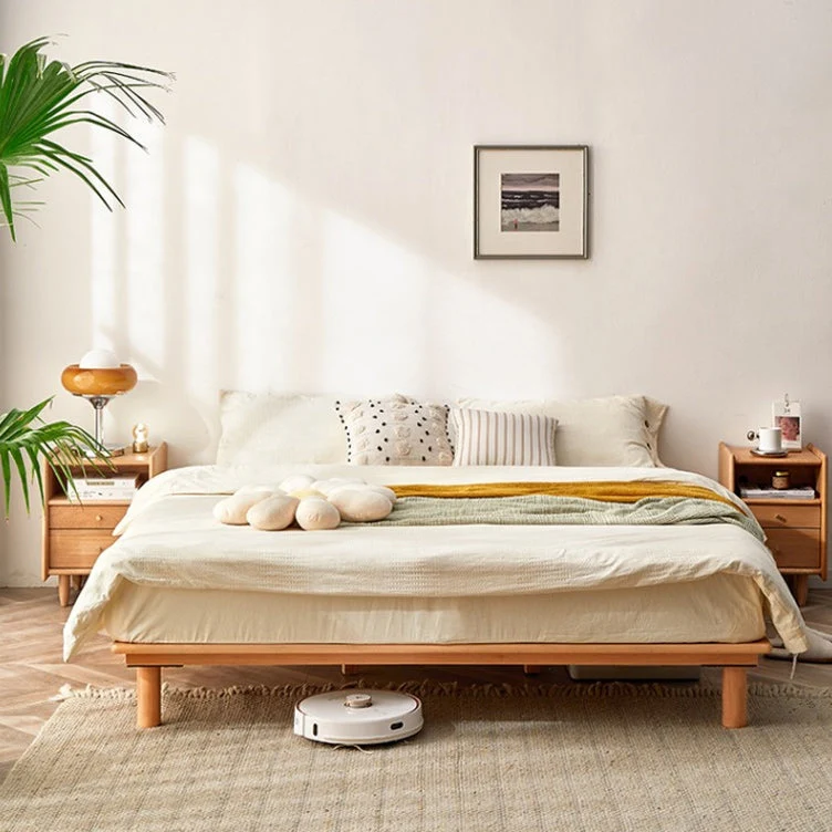 Solid Wood Platform Bed Scandinavian Low Profile Bed Frame in Brown