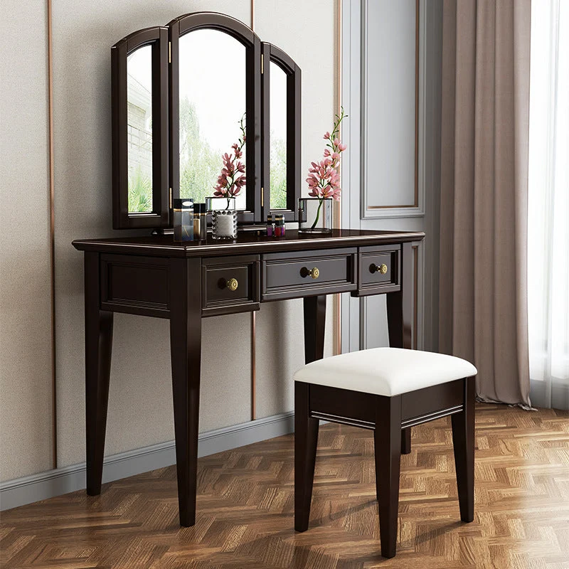 Traditional Solid Wood Vanity Makeup Table Set with 3-Drawer and Tri-Folding Mirror