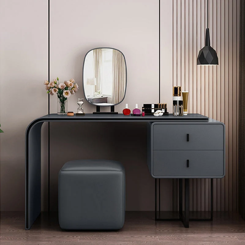 Mirror Bedroom Glam Double Drawers Faux Leather Standing Make-up Vanity