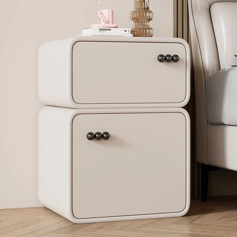 Modern Luxury Faux Leather Solid Wood Rounded Nightstand With 2 Drawers For Bedroom