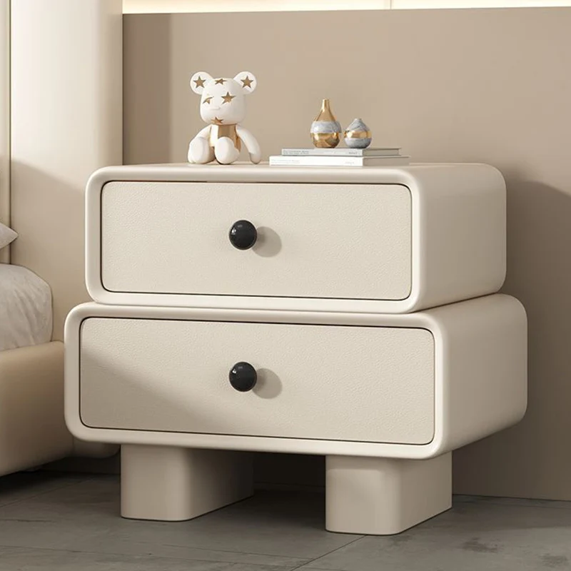 Modern Minimalist Microfiber Leather Pine Plywood MDF Stacked Cylinder Nightstand With 2 Drawers For Bedroom