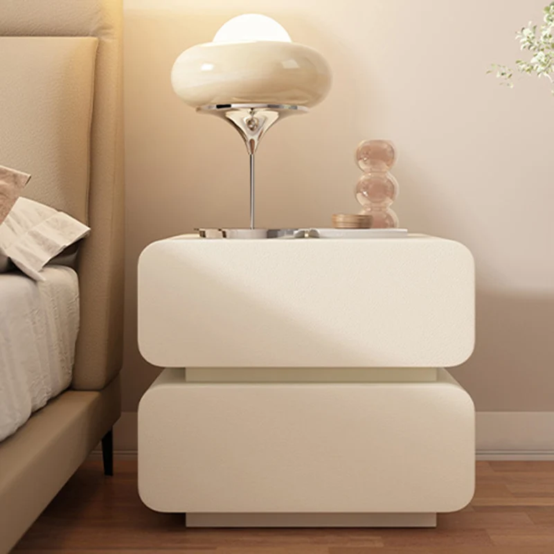 Modern Minimalist Solid Wood Faux Leather Metal Rounded Nightstand With 2 Drawers For Bedroom