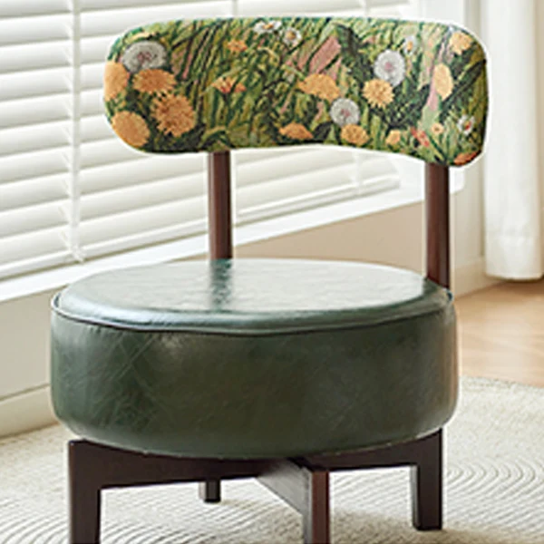 Traditional Vintage Round Rubberwood Faux Oil-Waxed Leather Sponge Swivel Accent Chair Backrest Armless For Living Room