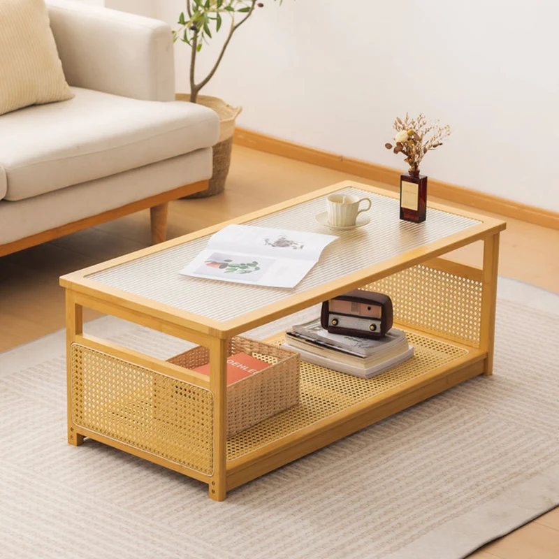 Traditional Japanese Glass Bamboo Rattan Metal Rectangular Hollow Coffee Table With 2-Tier For Living Room