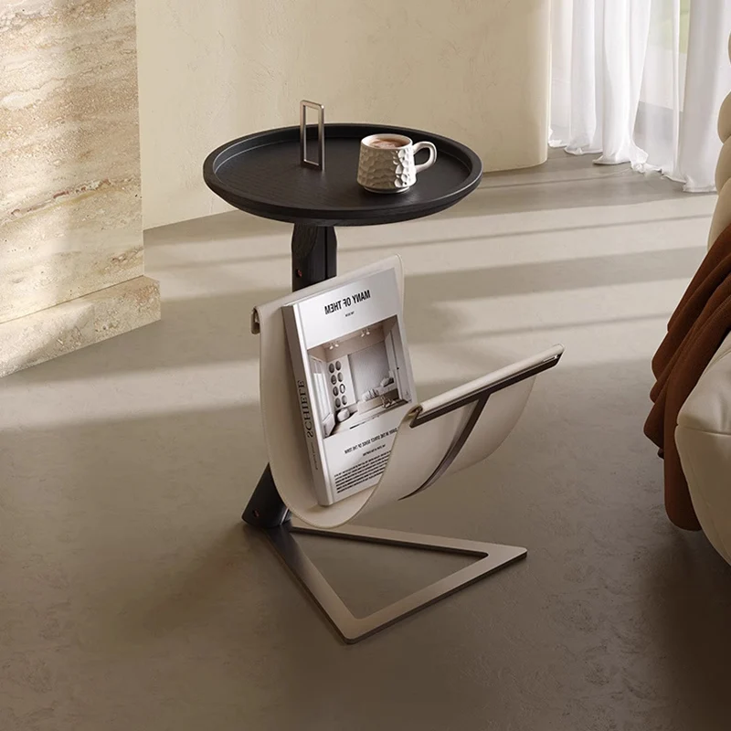 Contemporary Creative Round Triangle MDF Stainless Steel Saddle-Style Faux Leather Coffee Table 2-Tier For Living Room