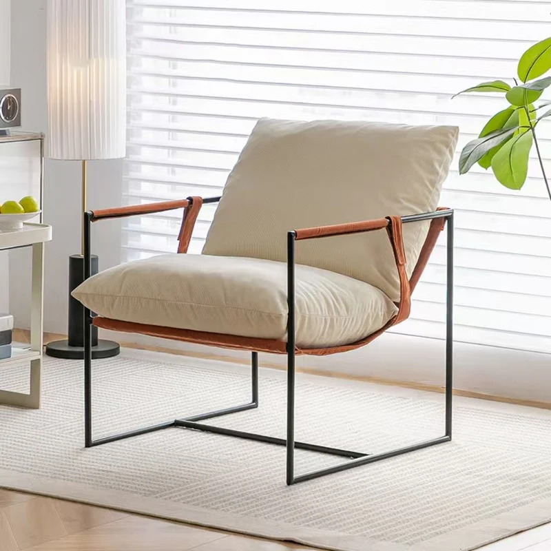 Contemporary Luxury Saddle-Style Faux Leather Velvet Metal Accent Chair Backrest Armrest For Living Room