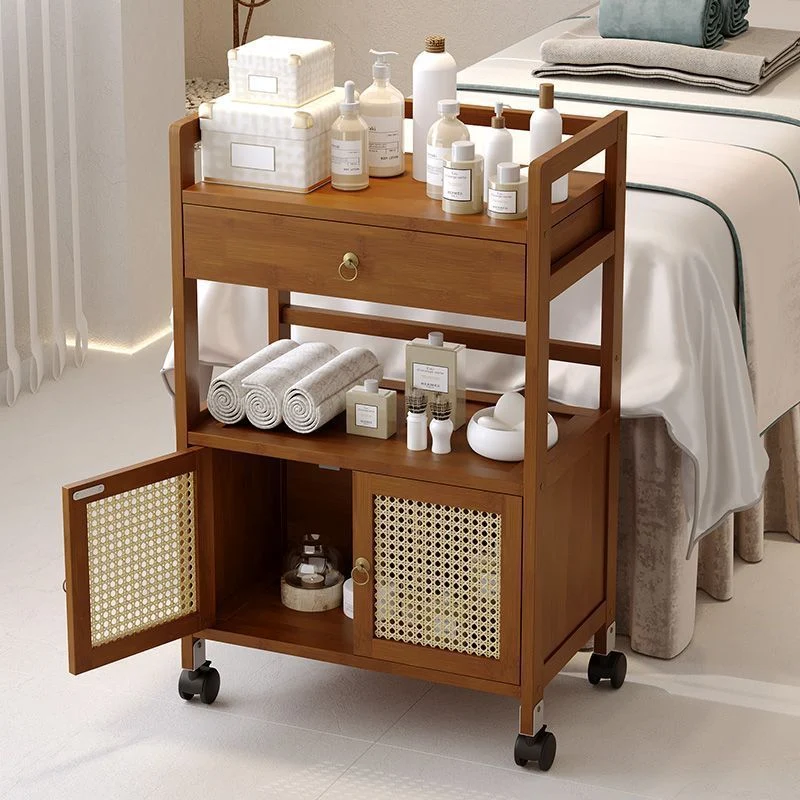 Traditional Chinese Nan Bamboo Fiberwood Rectangular Side Table 2-Tier Storage Cabinet & Drawer Rolling Cart For Living Room