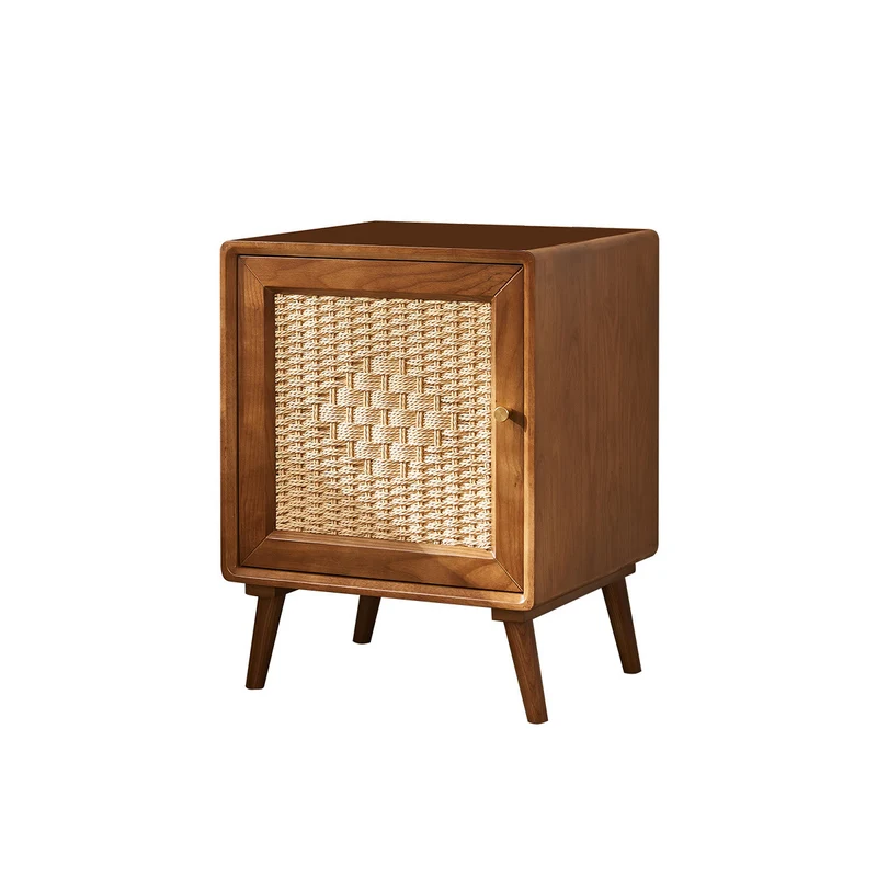 Traditional Rustic Square Ash Wood Solid Wood Plywood Rope Weaving Nightstand 2-Cabinet For Bedroom