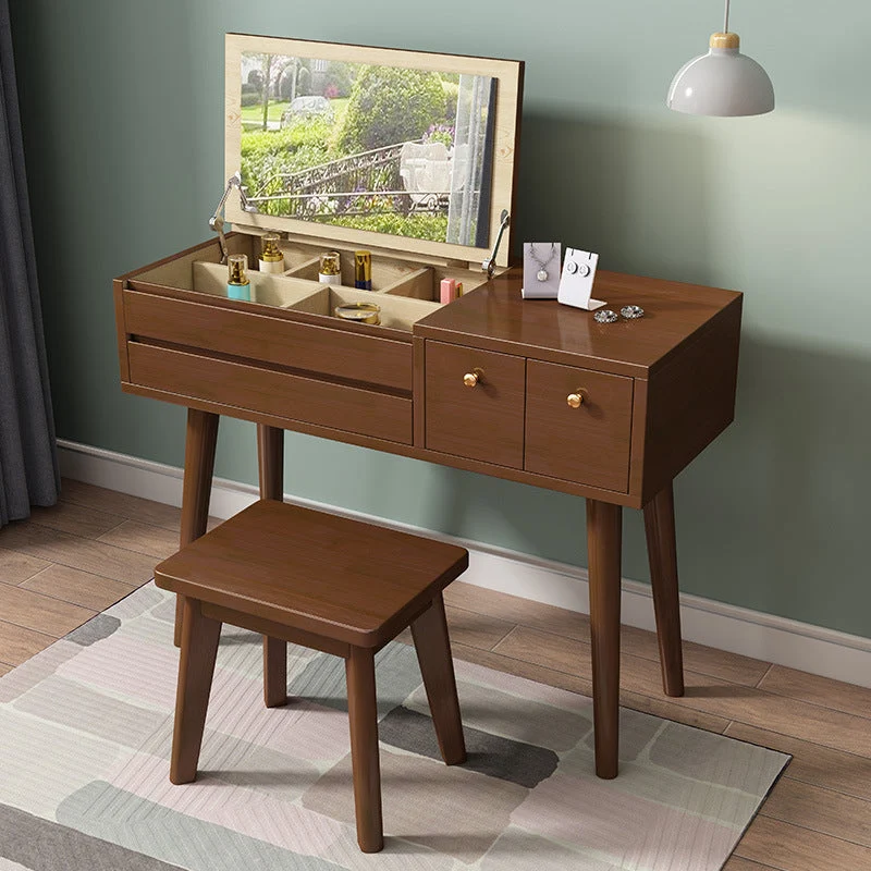 Solid Wood Mirrored Vanity Desk with 3 Drawers Flip-Top Dresser with Stool