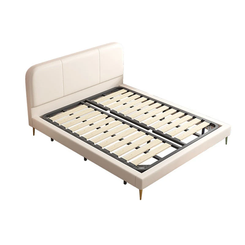 Glam Genuine Leather Bed Frame White Upholstered Low Profile Standard Bed