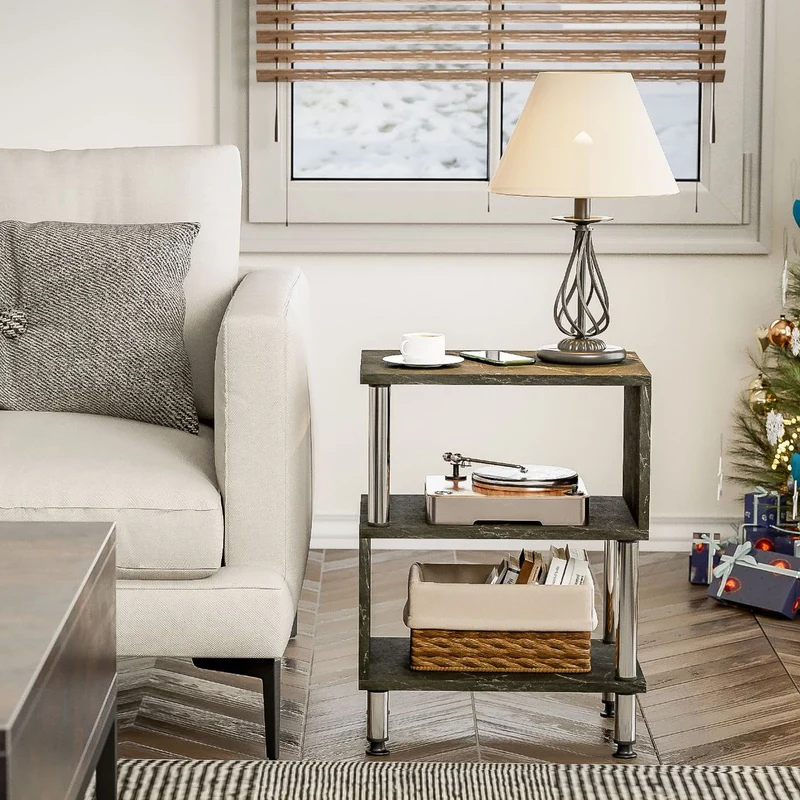Contemporary Luxury Marble-Patterned Particle Board Stainless Steel Tube Side Table 3-Tier For Living Room