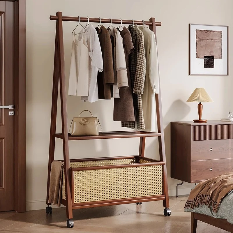 Contemporary Retro Trapezoidal Multifunctional Nan Bamboo Hall Tree Coat Rack With Wheels & Plastic Rattan Laundry Basket For Entryway